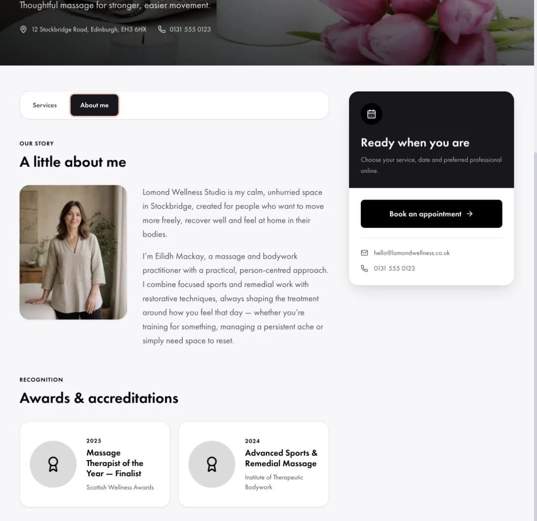 Lomond Wellness Studio About me page with founder portrait and awards