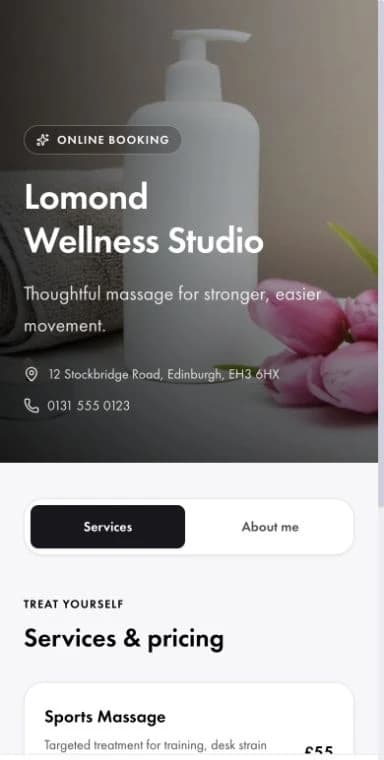 Lomond Wellness Studio services and pricing on a mobile webpage