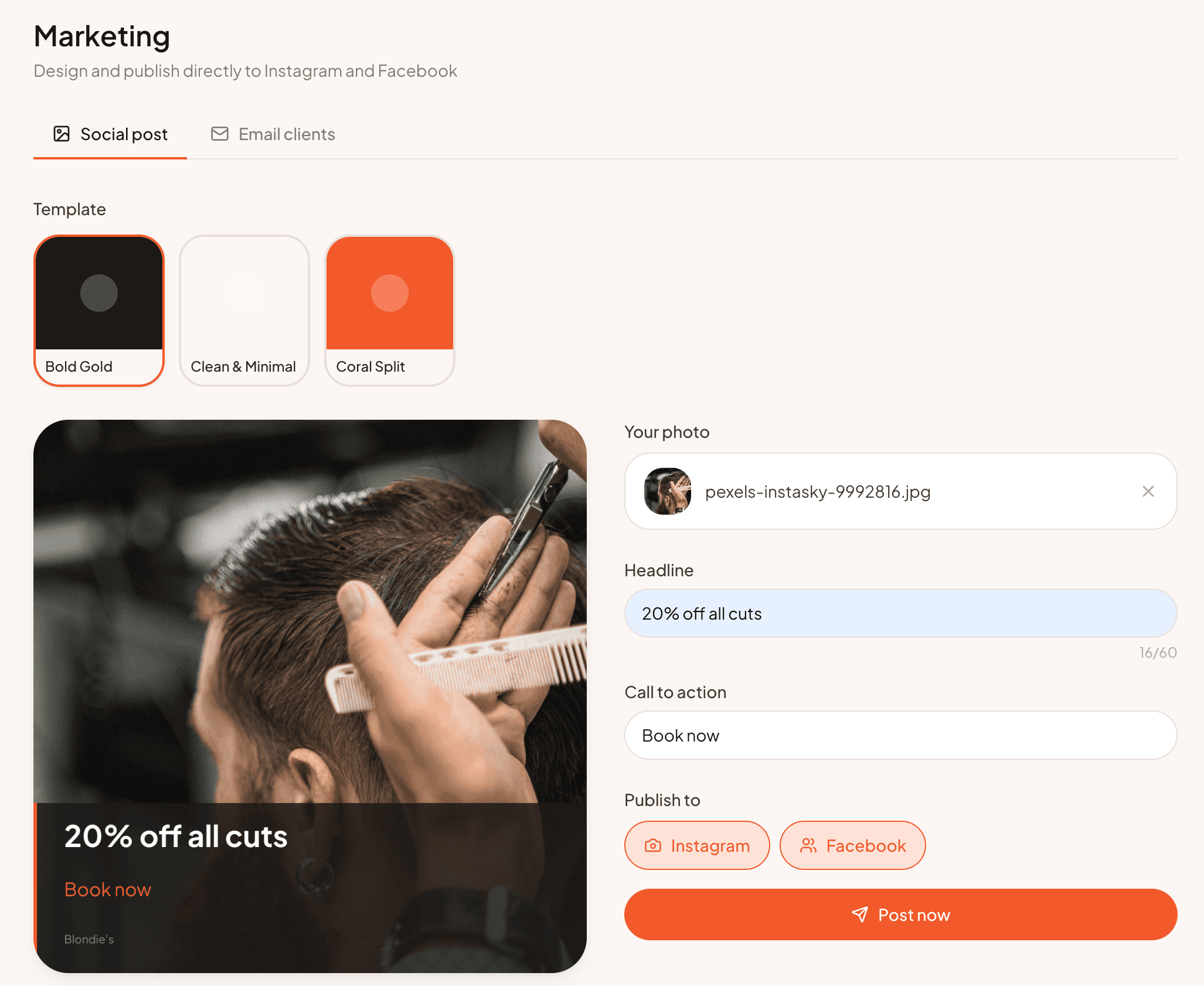 Sullio marketing composer designing a social post for Instagram and Facebook